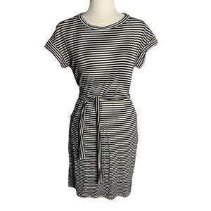 Ann Darling Mini Sheath Dress L Black White Stripe Pockets Tie Belt Short Sleeve